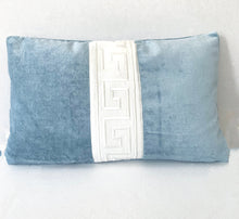 QUICK SHIP Greek Key trimmed pillow 22x22 and lumbar Samuel and Sons wide trim pillow embroidered trim white on blue velvet pillow harbour