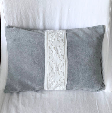 QUICK SHIP Greek Key trimmed pillow 14x20 lumbar Samuel and Sons wide trim pillow embroidered trim white on grey velvet pillow harbour gray