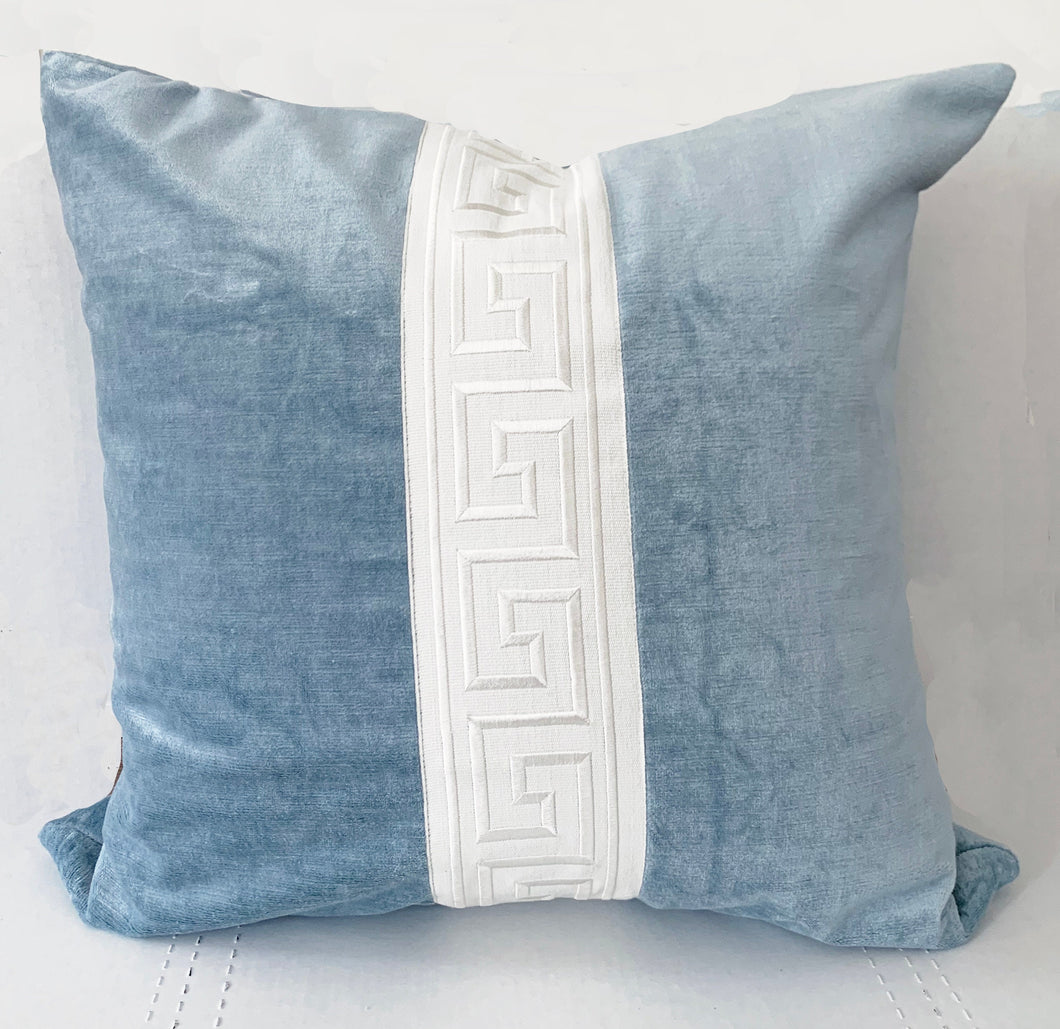 QUICK SHIP Greek Key trimmed pillow 22x22 and lumbar Samuel and Sons wide trim pillow embroidered trim white on blue velvet pillow harbour