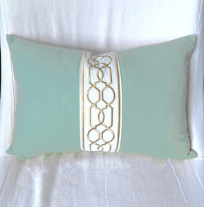 QUICK SHIP Aqua pillow with trim trimmed pillow 14x20 lumbar wide trim pillow embroidered trim robins egg linen pillow with trim pillow
