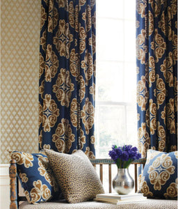 Navy tan curtains medallion curtains navy ikat curtains tan ikat curtains beige navy Thibaut dining room curtains rich colors warm drapes