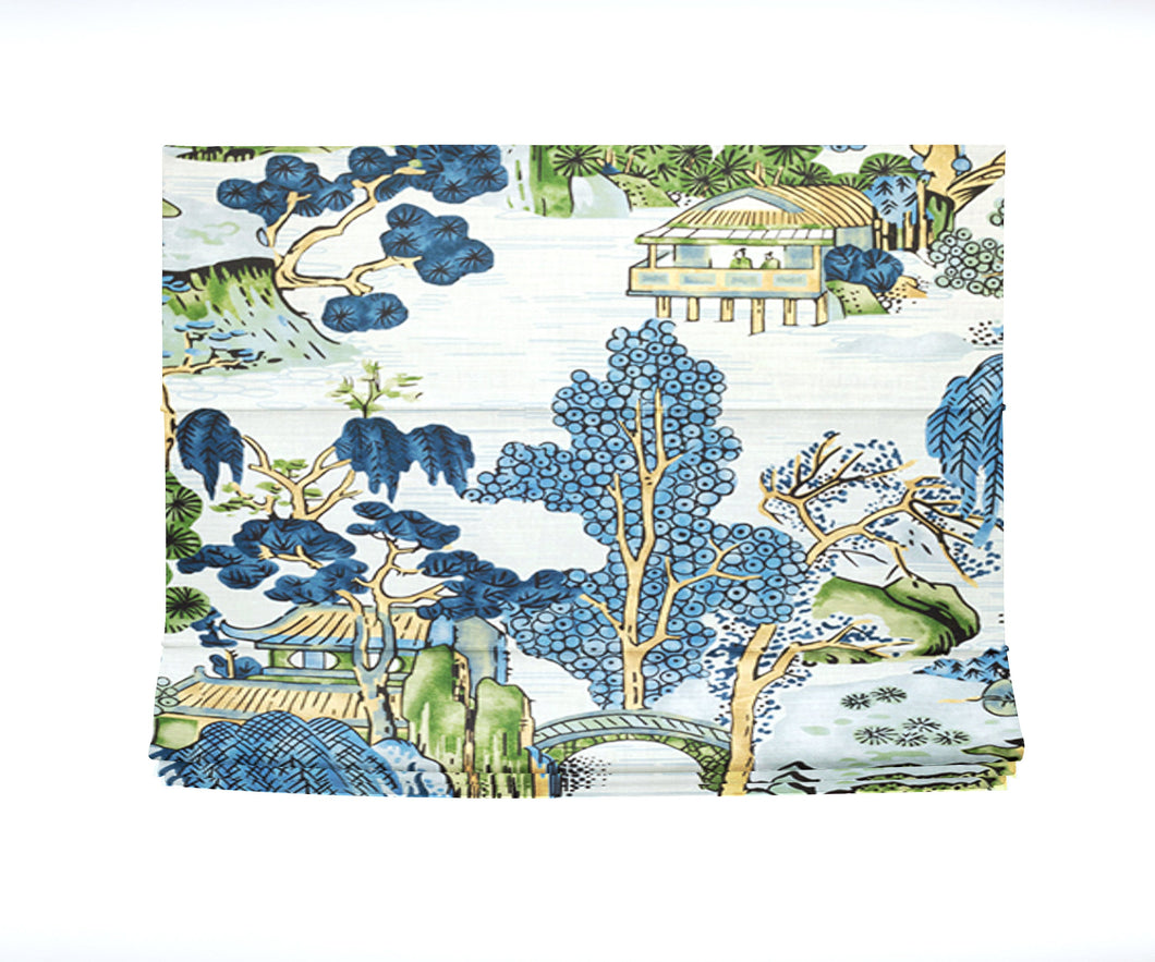 Thibaut Asian Scenic Roman shade Thibaut roman shade Blue green asian chinoiserie shade window shade thibaut asian garden custom sized