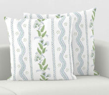 Floral Stripe Pillow Blue Green Flower block print pillow Flower Lumbar Long Dolly Block Print Fine Textiles lettuce green pale blue dots