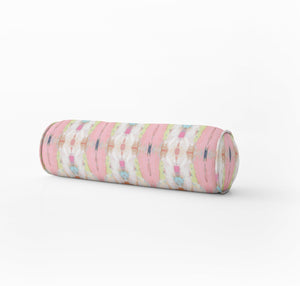 Designer painterly round bolster PALM BEACH pink pillow Long lumbar painterly bolster pillow blush pink kaleidoscope lumbar bed neck roll