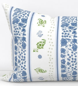 Floral Stripe Pillow Blue Green Flower block print pillow Flower Lumbar Long Dolly Block Print Fine Textiles lettuce green blue dots