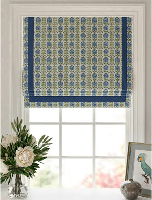 Block Print Blue Green Roman Shade blue green fabric roman shade silk road asian fan green and blue window shade kitchen sink shade